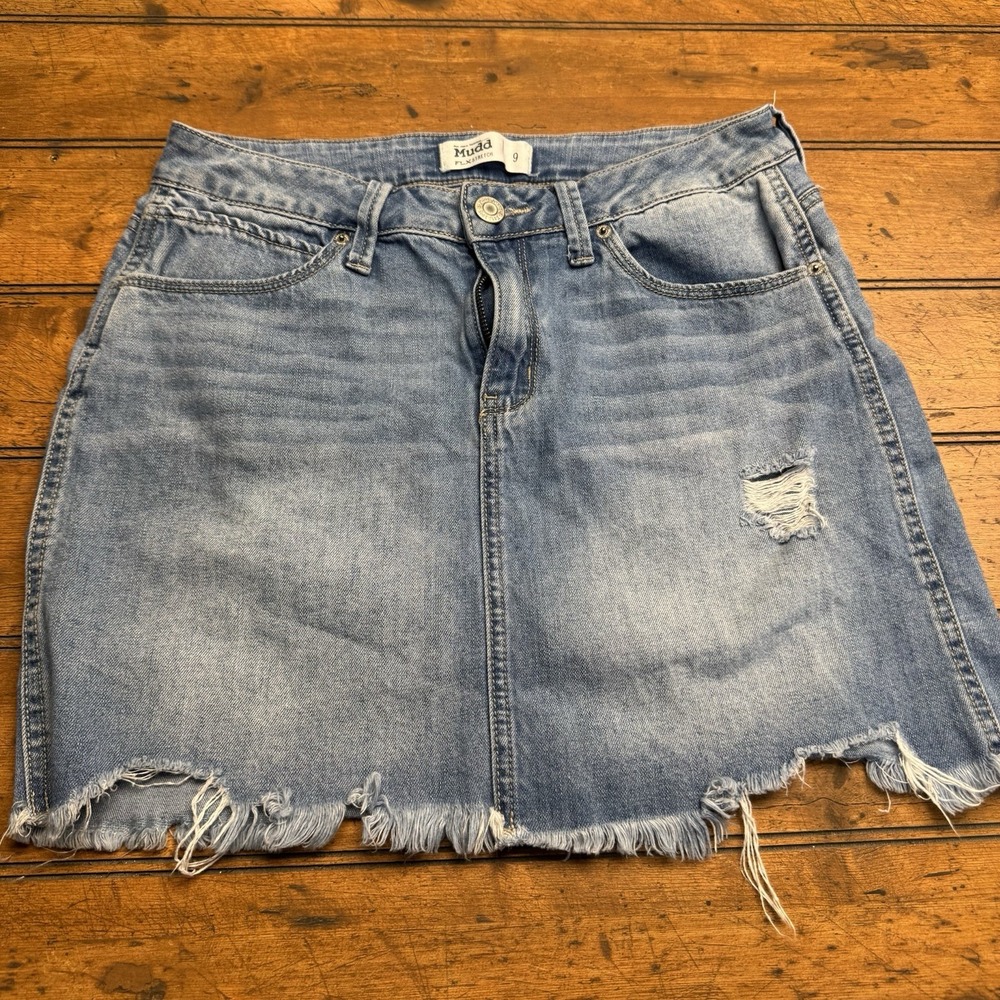 Mudd Skirt Juniors Sz 9 FLX Stretch Denim Mini‎ Distressed Stretch Jean Raw Hem
